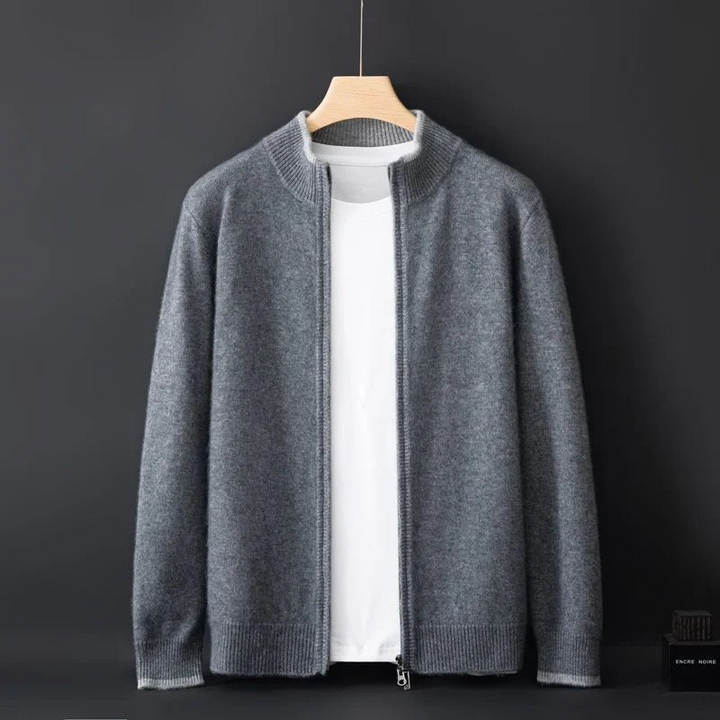 "Herren Merino Wolle Strickjacke mit Reißverschluss, grau meliert, komfortabel, atmungsaktiv, ideal für verschiedene Anlässe.