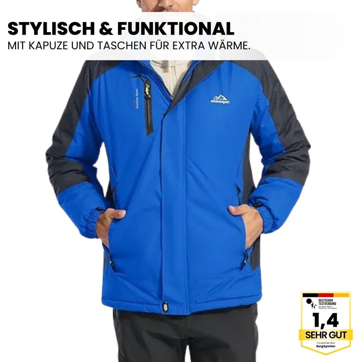 Herren-Outdoorjacke mit Kapuze, wasserdicht und winddicht, stilvolles Color-Block-Design, ideal für Herbst und Winter.