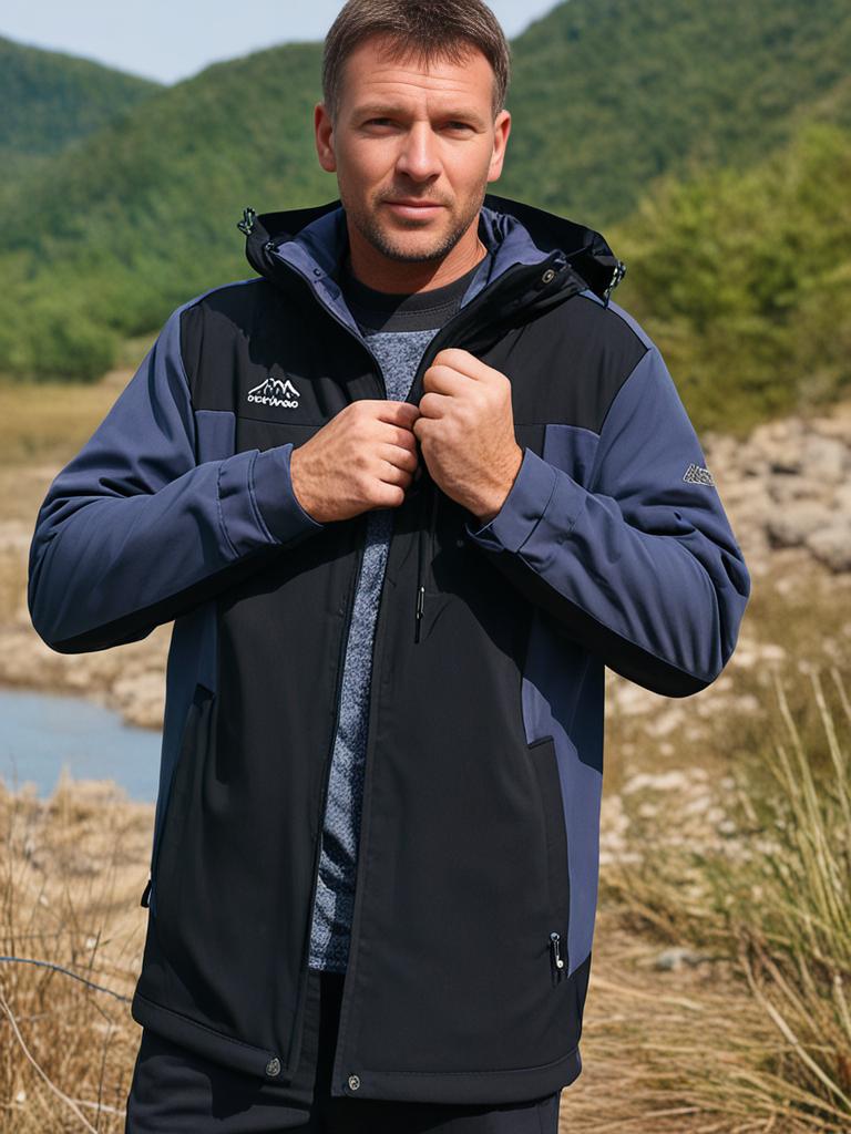 Herren-Outdoorjacke mit Kapuze, wasserdicht und winddicht, stilvolles Color-Block-Design, ideal für Herbst und Winter.