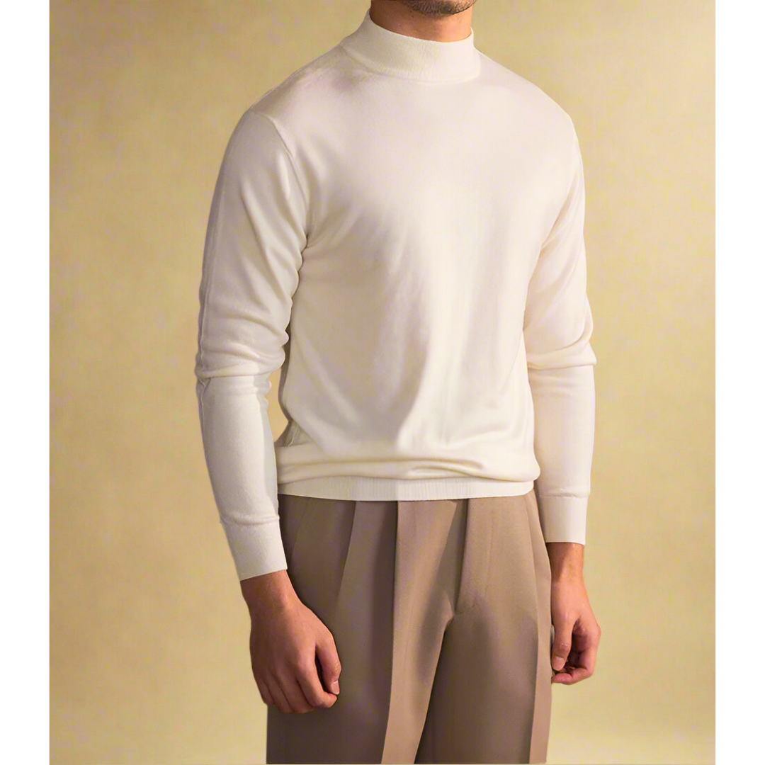 "Herren Rollkragen-Pullover aus Wolle, elegant und klassisch, in zeitlosem Design, ideal für formelle und lässige Anlässe."