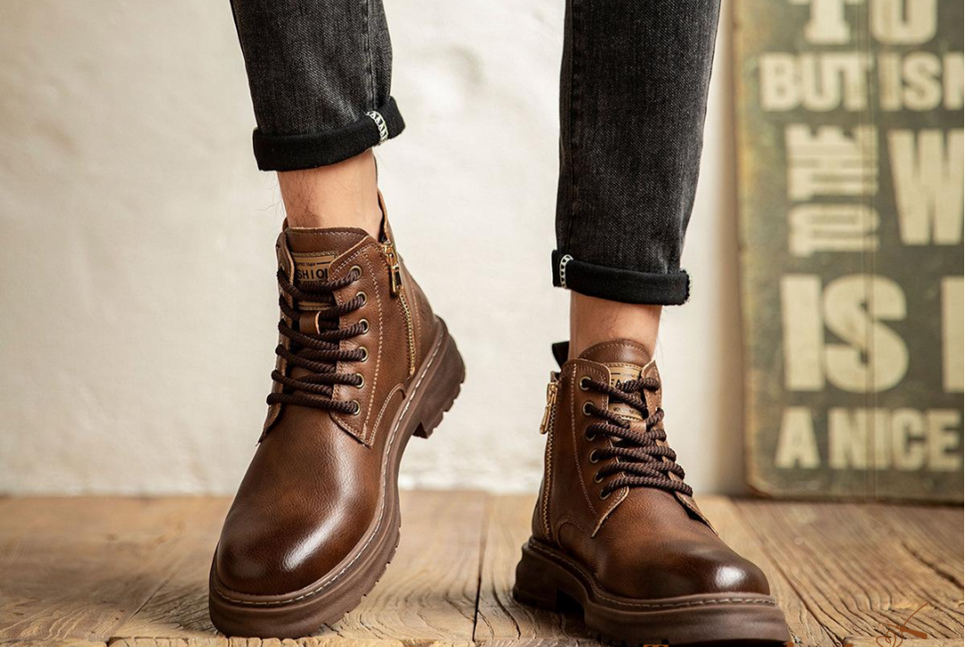 "Herren Schnürstiefel aus Echtleder mit Reißverschluss, zeitloses Design, robuste Struktur, elegante braune Farbe"