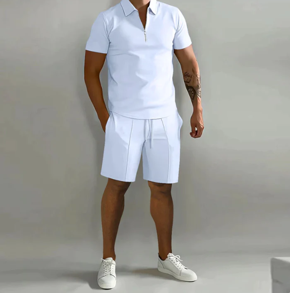 Herren-Sommer-Set mit kurzärmeligem Oberteil und Shorts, feuchtigkeitsregulierend und vielseitig, ideal für warme Tage.