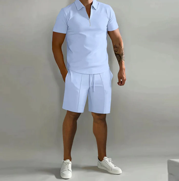 Herren-Sommer-Set mit kurzärmeligem Oberteil und Shorts, feuchtigkeitsregulierend und vielseitig, ideal für warme Tage.