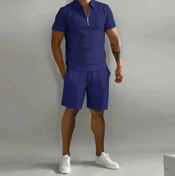 Herren-Sommer-Set mit kurzärmeligem Oberteil und Shorts, feuchtigkeitsregulierend und vielseitig, ideal für warme Tage.