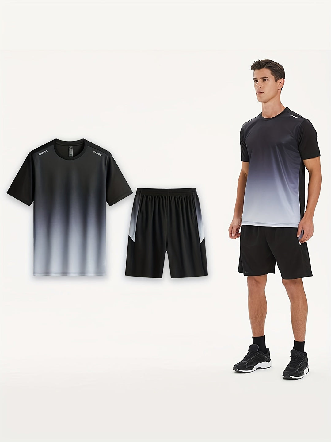 "Herren Sport-Set: Atmungsaktives T-Shirt & Shorts, schnelltrocknend, Gradient-Farbverlauf, modernes Design für Sport"