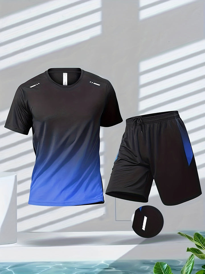 "Herren Sport-Set: Atmungsaktives T-Shirt & Shorts, schnelltrocknend, Gradient-Farbverlauf, modernes Design für Sport"