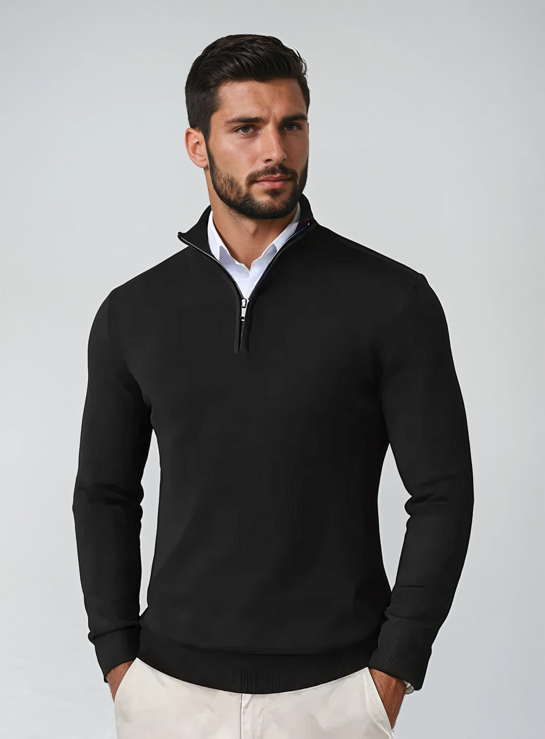 "Herren Strickpullover aus Baumwollmix mit Reißverschlusskragen, klassisches Design, weiche Textur, eleganter Look"