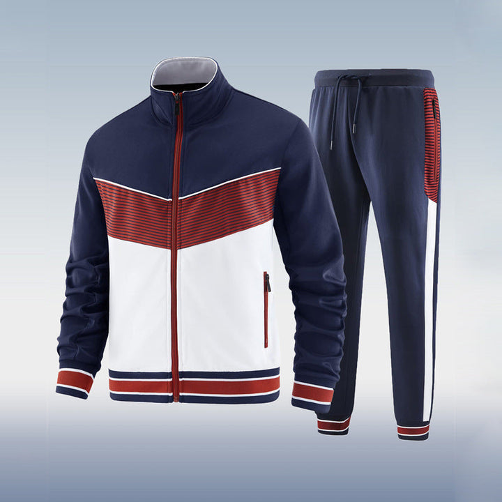 "Herren Trainingsanzug Set, atmungsaktiv, modern; dunkelblaues Set mit Jacke und Hose, ideal für Sport und Freizeit."