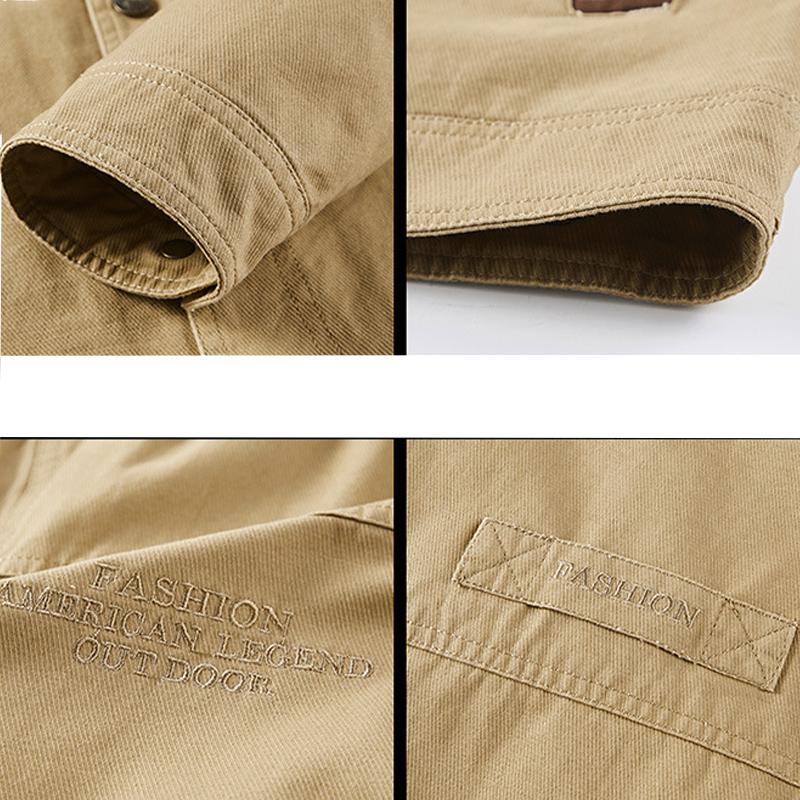 "Herren Vintage-Cargo-Jacke in Khaki mit großen Taschen und tailliertem Schnitt; perfekt für legere Anlässe."