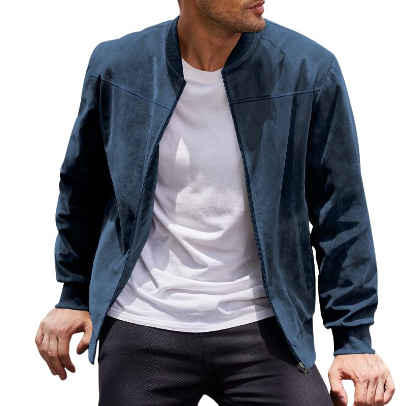 "Herren Vintage Wildlederjacke mit Stehkragen, braun, luxuriöse Textur, zeitloser Stil, elegant und gemütlich, vielseitig."