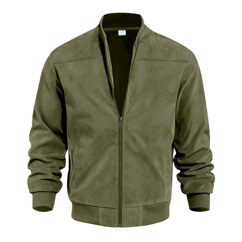 "Herren Vintage Wildlederjacke mit Stehkragen, braun, luxuriöse Textur, zeitloser Stil, elegant und gemütlich, vielseitig."