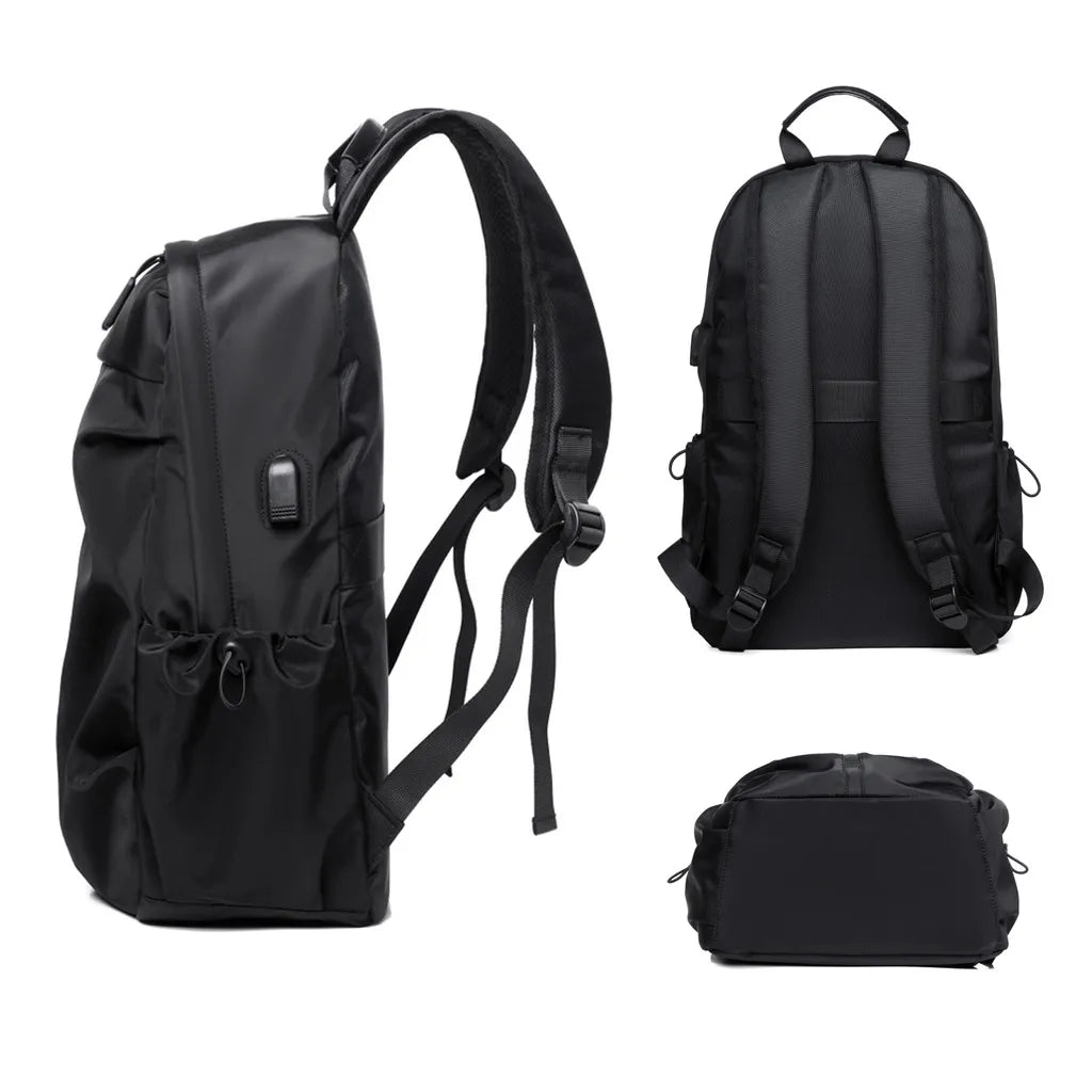 "Herren Wasserdichter Rucksack mit Anti-Diebstahl & USB, grau-schwarz, viele Fächer, ideal für Reisen & Laptop-Transport."