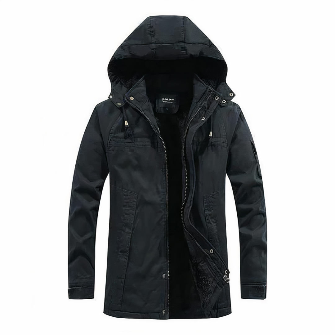 "Herren Winterjacke mit Kapuze, elegant, warm isolierend, dunkelblau, ideal für kalte Wintertage, stylisch und komfortabel."