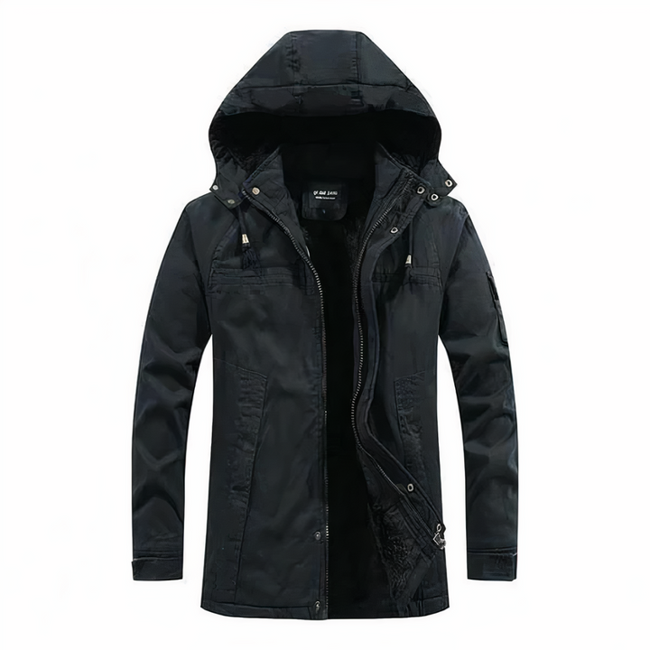 "Herren Winterjacke mit Kapuze, elegant, warm isolierend, dunkelblau, ideal für kalte Wintertage, stylisch und komfortabel."