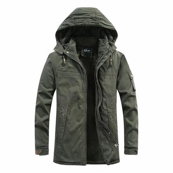 "Herren Winterjacke mit Kapuze, elegant, warm isolierend, dunkelblau, ideal für kalte Wintertage, stylisch und komfortabel."