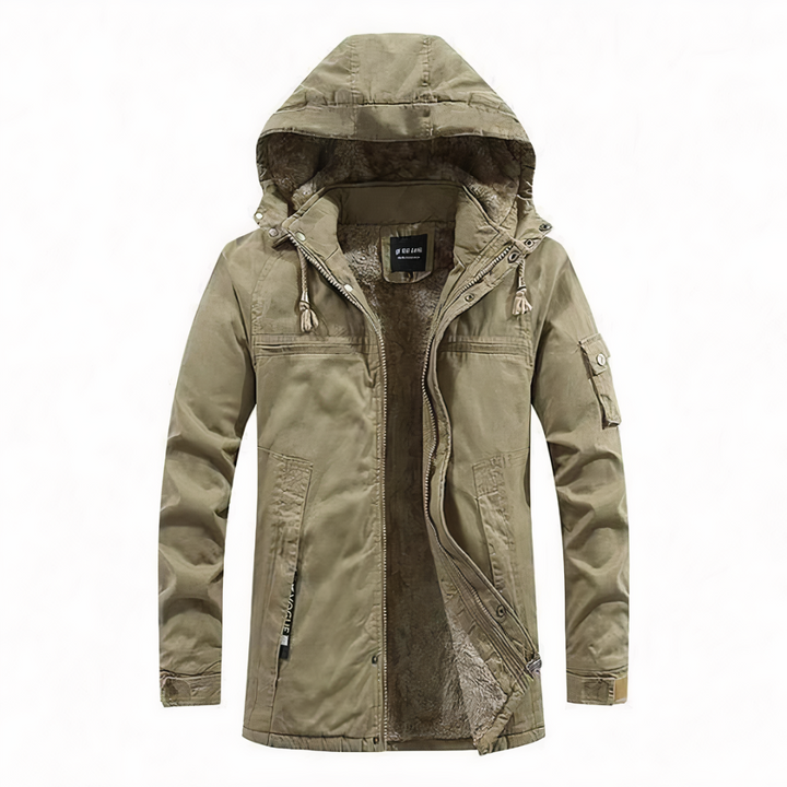 "Herren Winterjacke mit Kapuze, elegant, warm isolierend, dunkelblau, ideal für kalte Wintertage, stylisch und komfortabel."