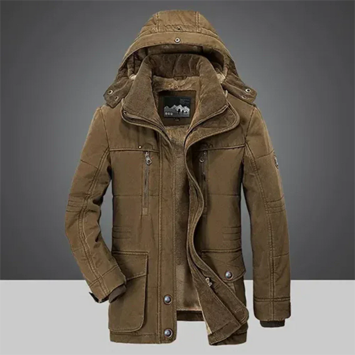 "Herren Winterjacke mit Kapuze, klassisches Design, hochwertige Isolation, schützt vor Wind und Regen, ideal bei Kälte."