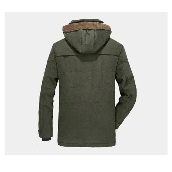 "Herren Winterjacke mit Kapuze, klassisches Design, hochwertige Isolation, schützt vor Wind und Regen, ideal bei Kälte."