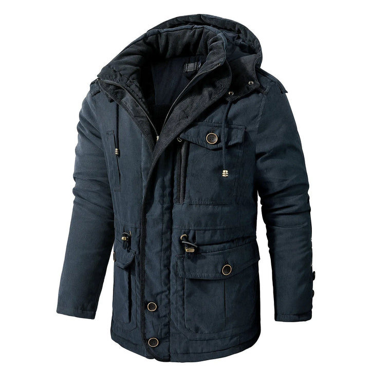 "Herren Winterjacke mit Taschen, warm, modisches Design, verstellbare Kapuze, vielseitiger Stauraum, für kaltes Wetter."