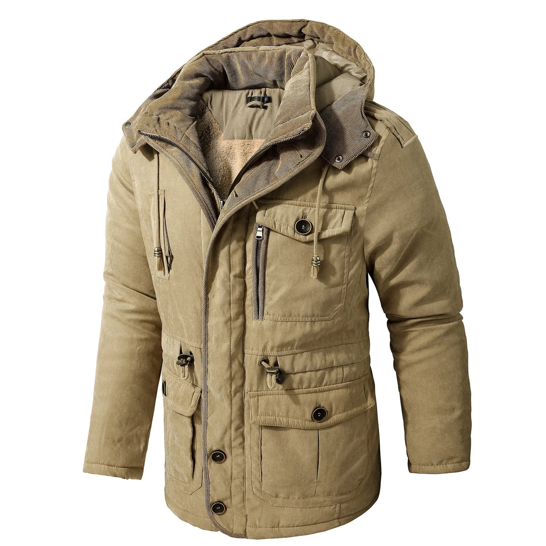 "Herren Winterjacke mit Taschen, warm, modisches Design, verstellbare Kapuze, vielseitiger Stauraum, für kaltes Wetter."