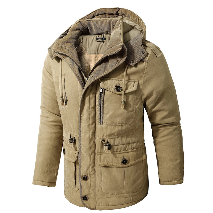 "Herren Winterjacke mit Taschen, warm, modisches Design, verstellbare Kapuze, vielseitiger Stauraum, für kaltes Wetter."