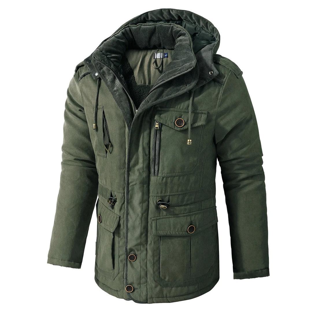 "Herren Winterjacke mit Taschen, warm, modisches Design, verstellbare Kapuze, vielseitiger Stauraum, für kaltes Wetter."