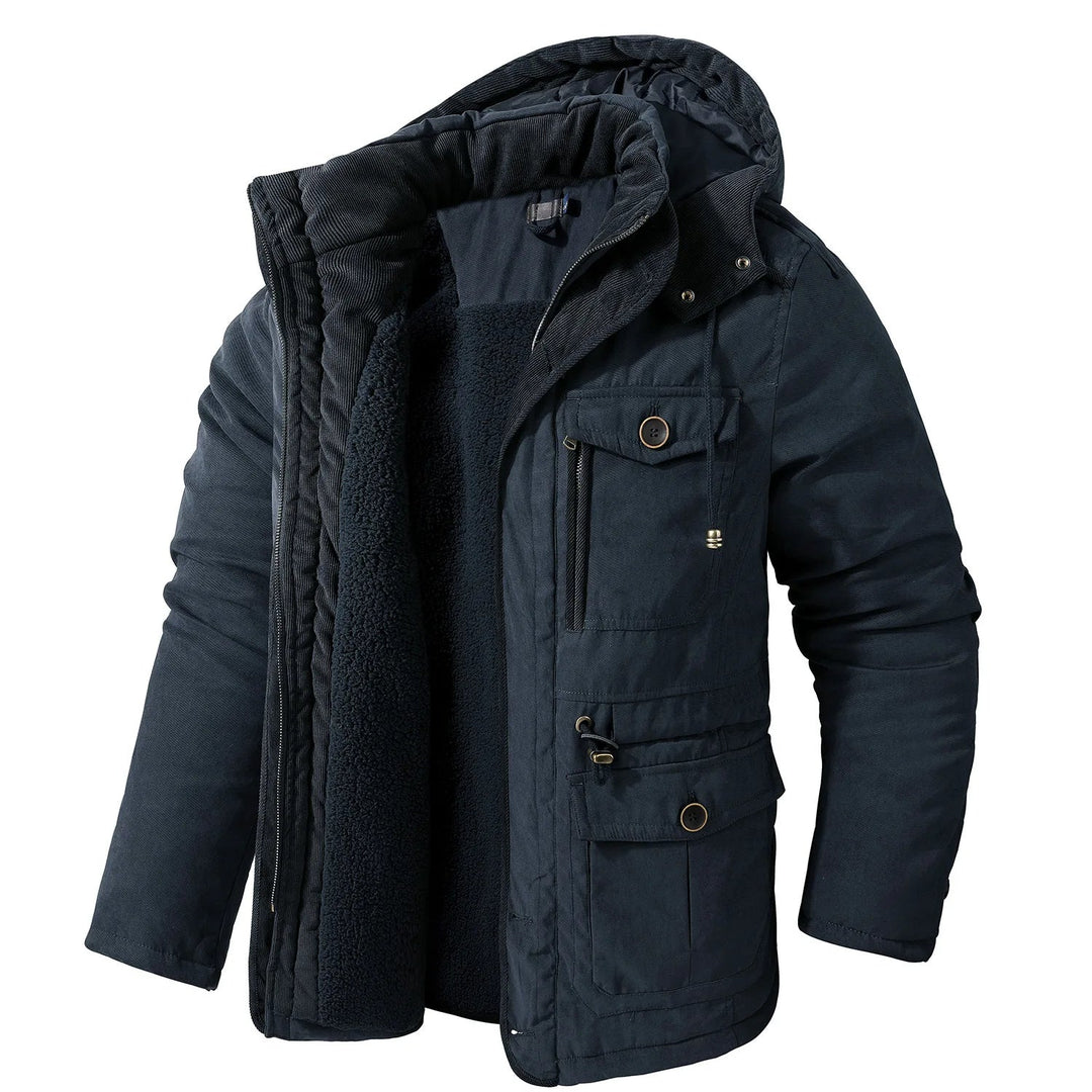 "Herren Winterjacke mit Taschen, warm, modisches Design, verstellbare Kapuze, vielseitiger Stauraum, für kaltes Wetter."