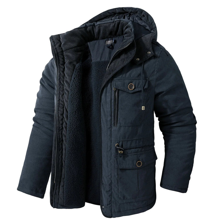 "Herren Winterjacke mit Taschen, warm, modisches Design, verstellbare Kapuze, vielseitiger Stauraum, für kaltes Wetter."