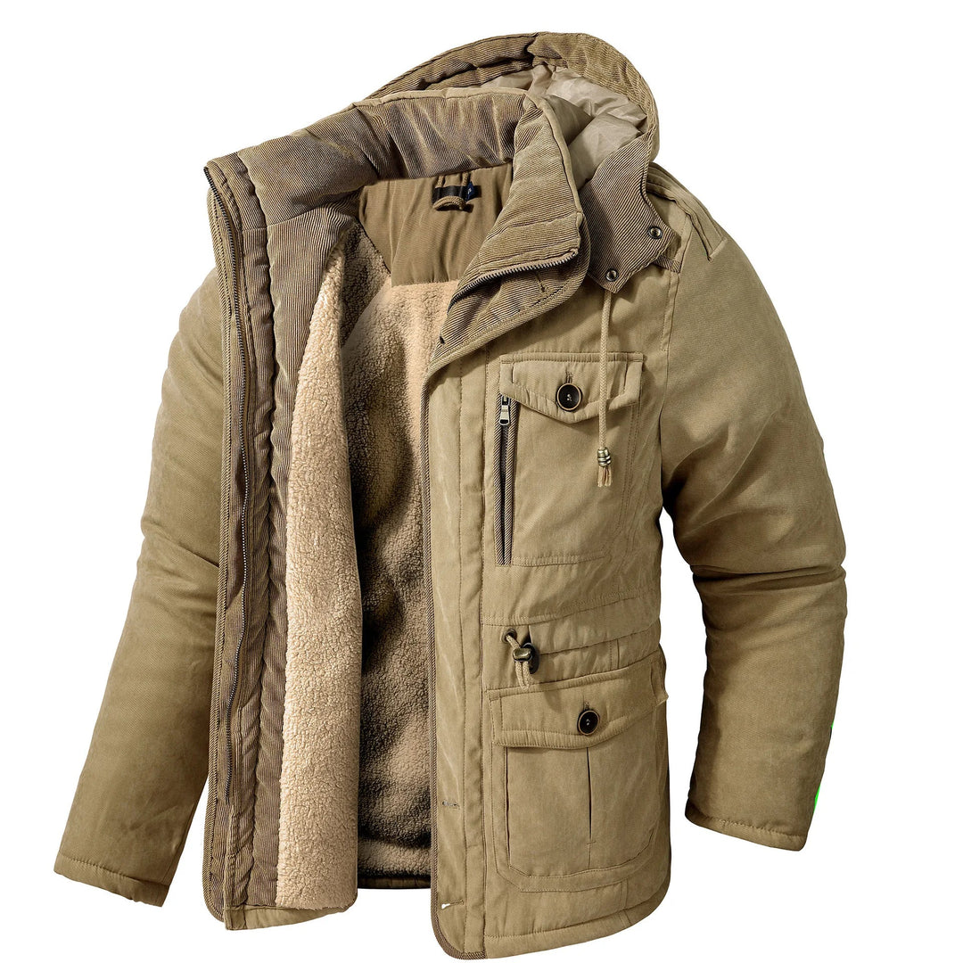 "Herren Winterjacke mit Taschen, warm, modisches Design, verstellbare Kapuze, vielseitiger Stauraum, für kaltes Wetter."