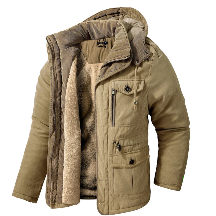 "Herren Winterjacke mit Taschen, warm, modisches Design, verstellbare Kapuze, vielseitiger Stauraum, für kaltes Wetter."