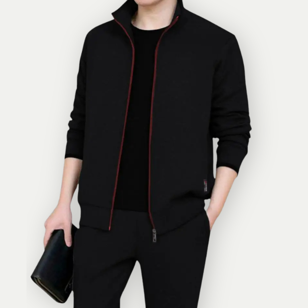 "Herren Zip-Up Jacke & Hose Set, grau, elegantes Design, bequemes Activewear für Fitness & Freizeit, vielseitig einsetzbar."