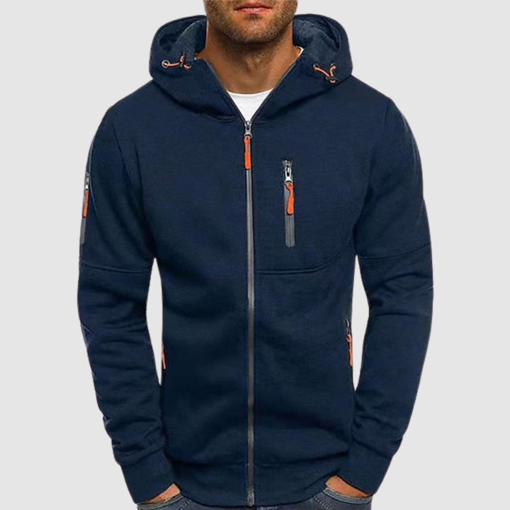 "Herren Zip-Up Kapuzenjacke in Grau, sportlicher Stil, Reißverschluss und Kapuze, ideal für kühlere Temperaturen."