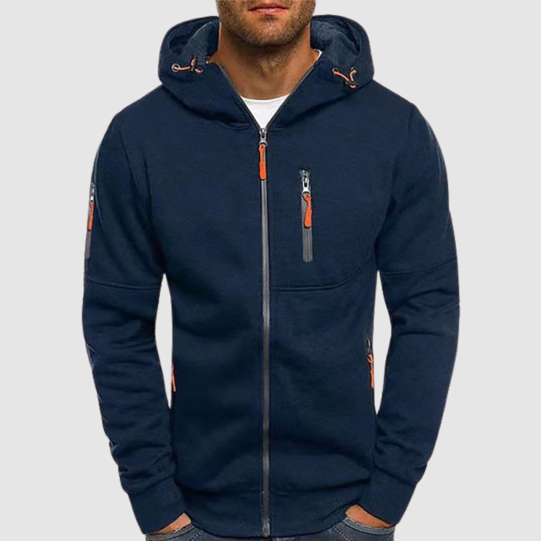 "Herren Zip-Up Kapuzenjacke in Grau, sportlicher Stil, Reißverschluss und Kapuze, ideal für kühlere Temperaturen."
