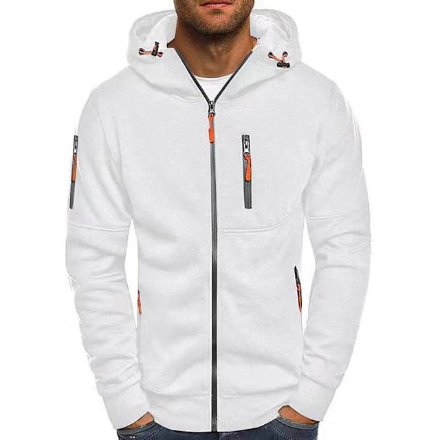 "Herren Zip-Up Kapuzenjacke in Grau, sportlicher Stil, Reißverschluss und Kapuze, ideal für kühlere Temperaturen."