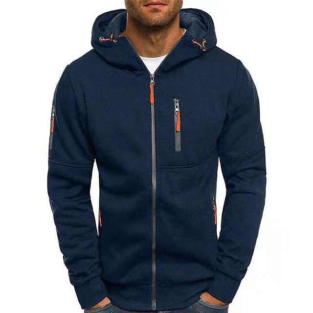 "Herren Zip-Up Kapuzenjacke in Grau, sportlicher Stil, Reißverschluss und Kapuze, ideal für kühlere Temperaturen."