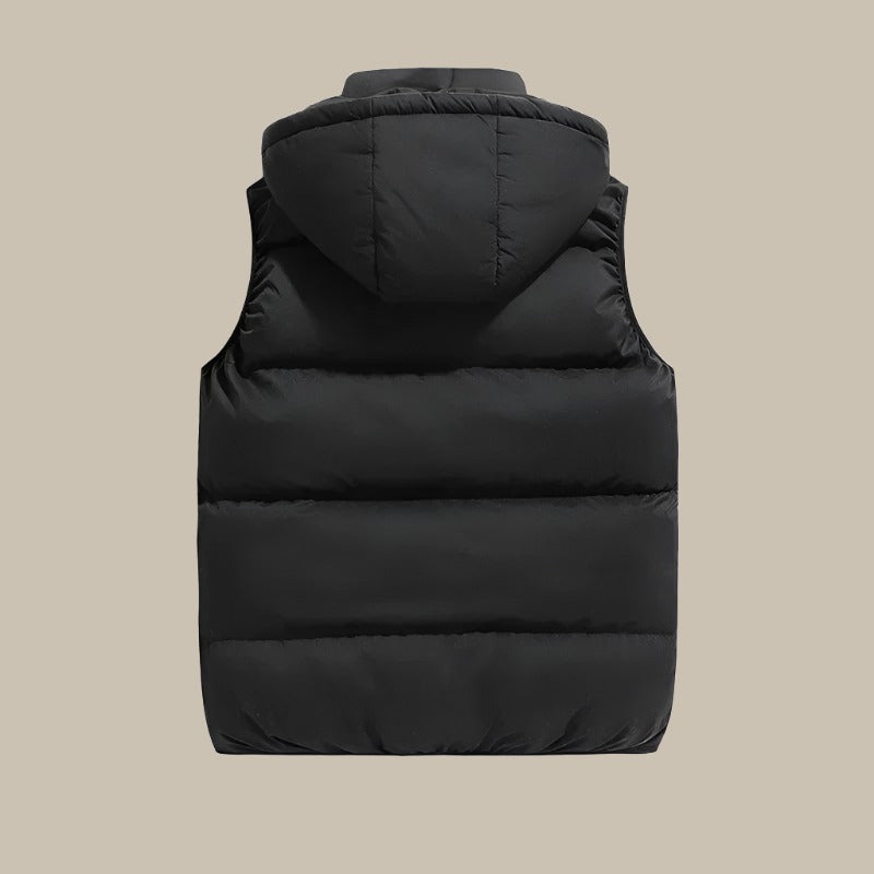 "Herrenweste mit Kapuze, schwarz-grau, modern, schmaler Schnitt, verstellbare Kapuze, ideal für Freizeit und Übergangszeit"