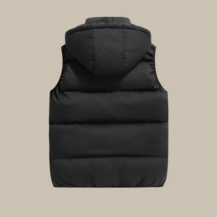 "Herrenweste mit Kapuze, schwarz-grau, modern, schmaler Schnitt, verstellbare Kapuze, ideal für Freizeit und Übergangszeit"