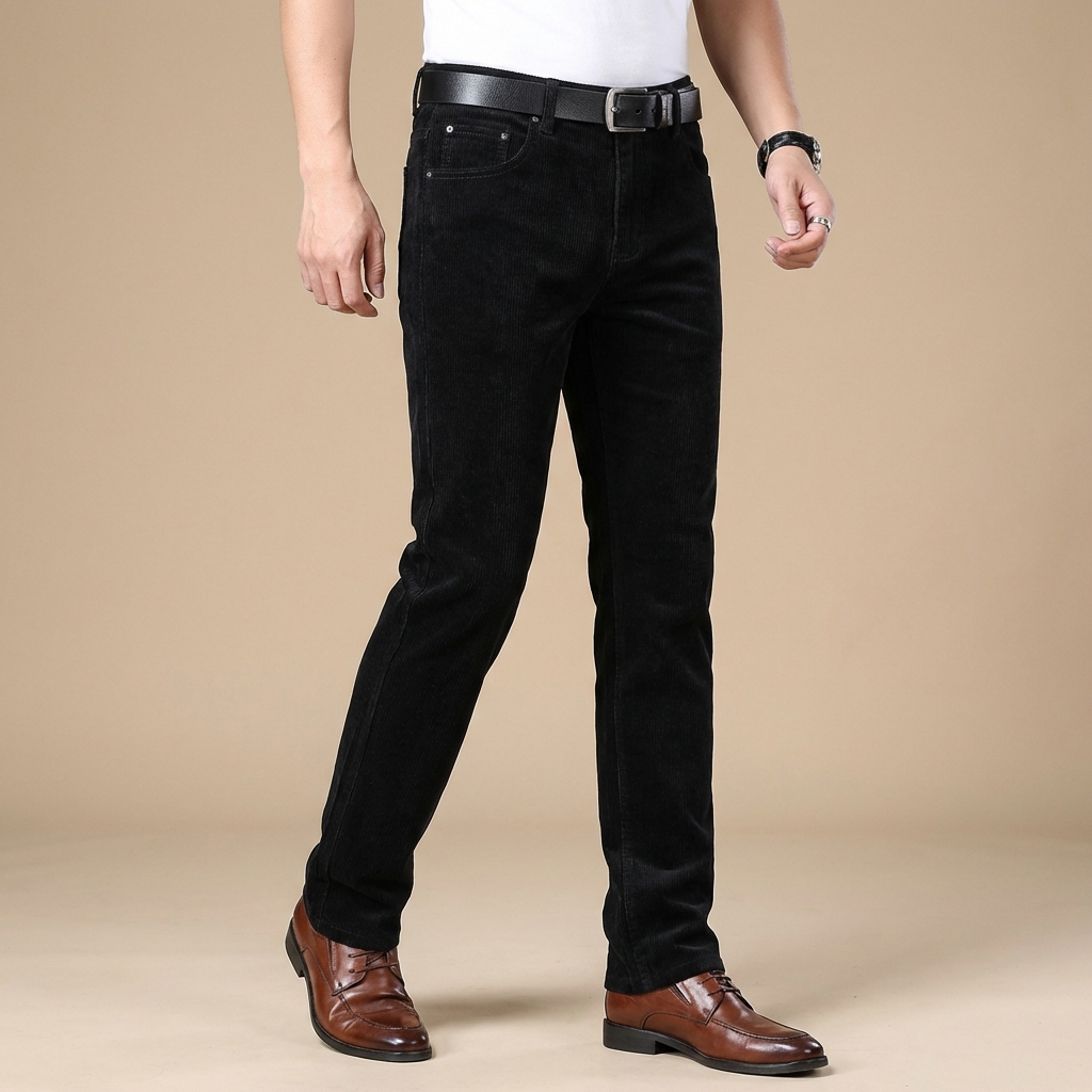 Detail of the button closure on men's premium corduroy dress trousers, designed for comfort.