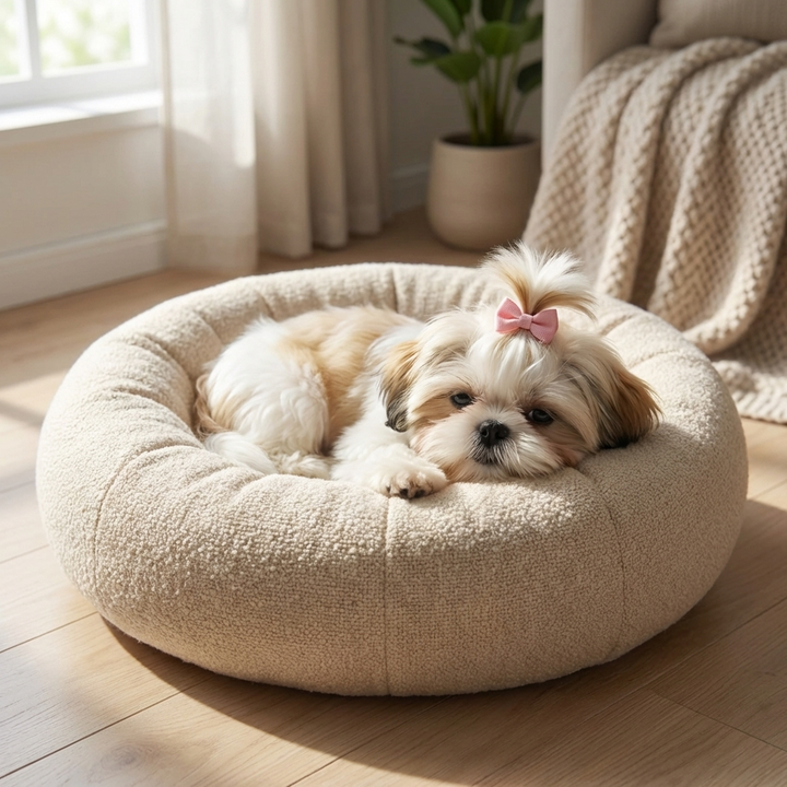 Luxury cream bouclé pet bed, soft & comfortable for dogs & cats. Washable, modern design for cozy animal sleep.