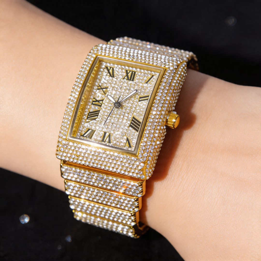 Close-up of gold men's iced square watch dial, highlighting the exquisite details and quartz movement.