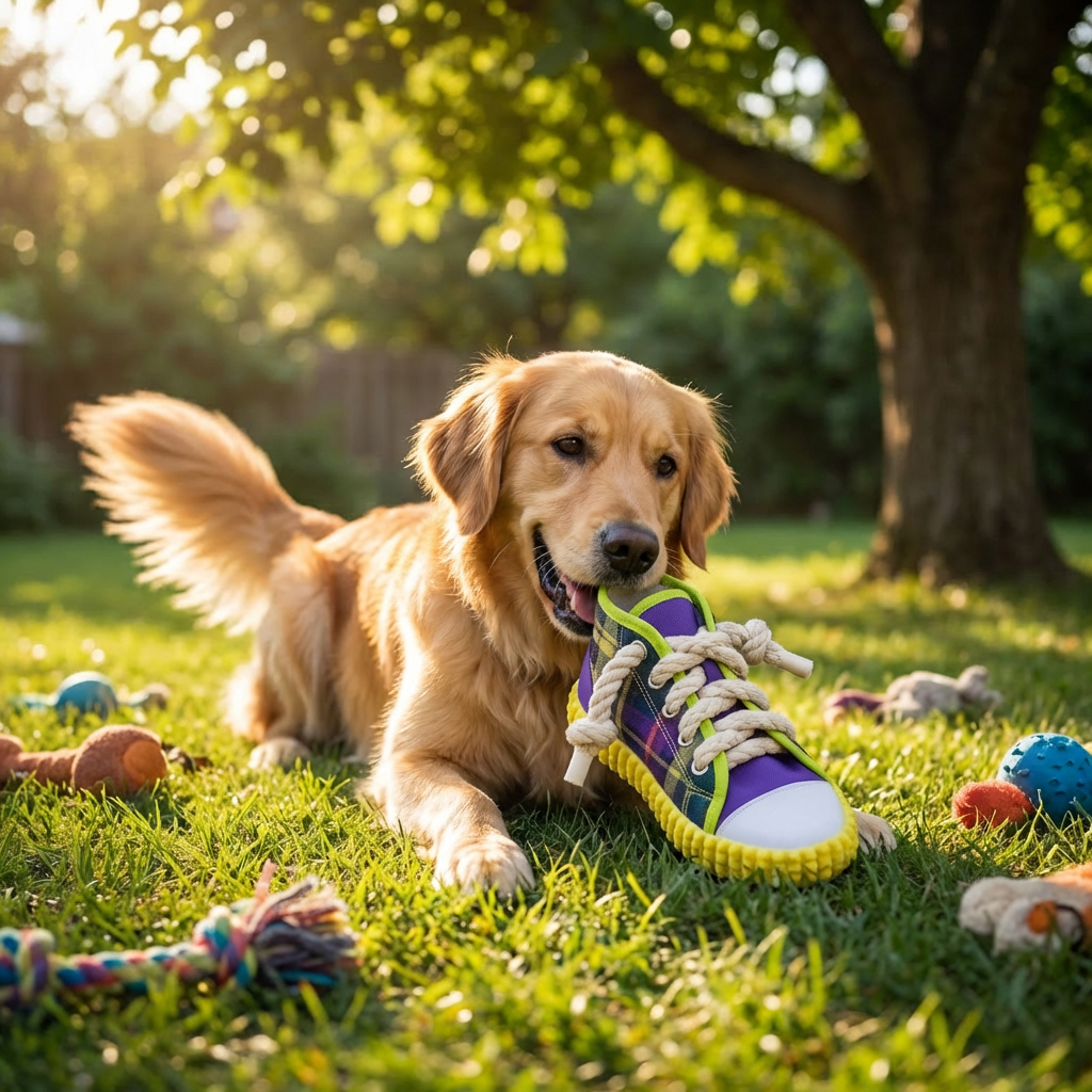 Durable yellow dog slipper chew toy for pups, an engaging teething aid & interactive play toy.