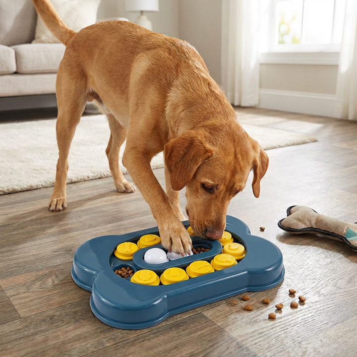 Sliding dog puzzle toy for mental stimulation and treat dispensing. Interactive slow feeder for enrichment.