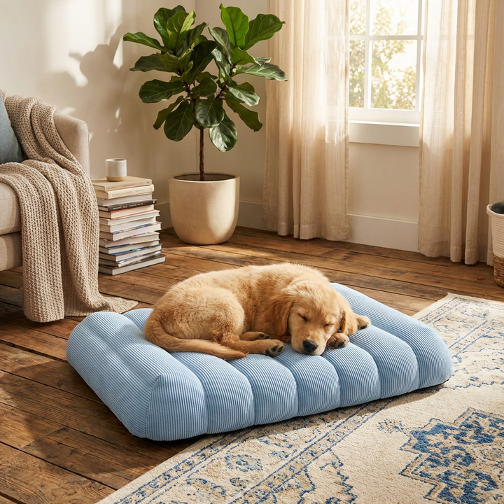 Large washable cozy flat dog bed in creamy color, offering ultimate comfort and support for pets. Ideal for crates.