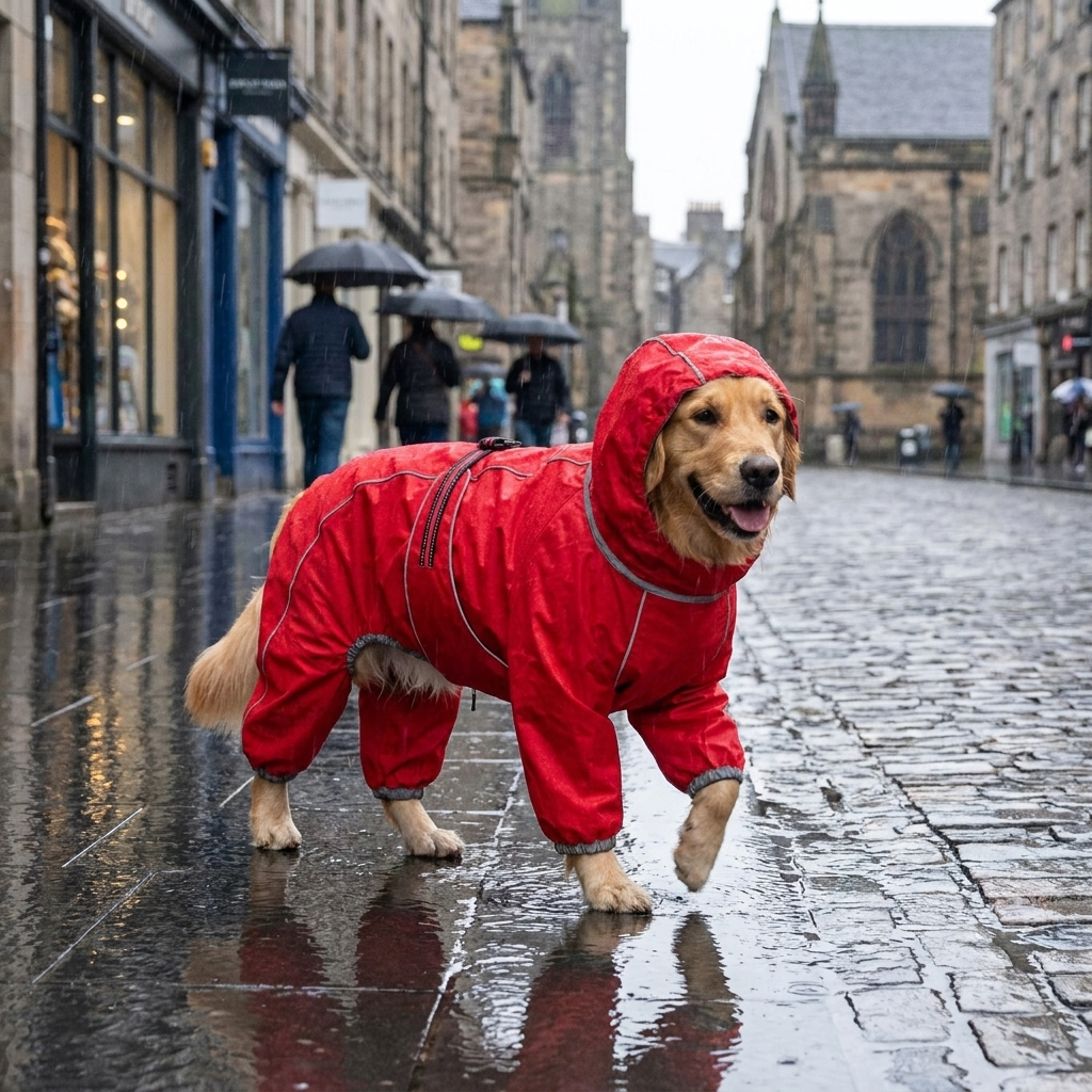 Large dog's adjustable waterproof rain coat with reflective strips for outdoor safety & storm protection.