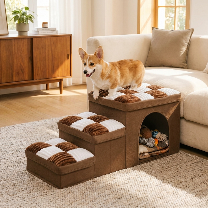 Handcrafted chessboard pet dog steps with storage & dog condo for small/medium dogs. Supports senior dog joints.