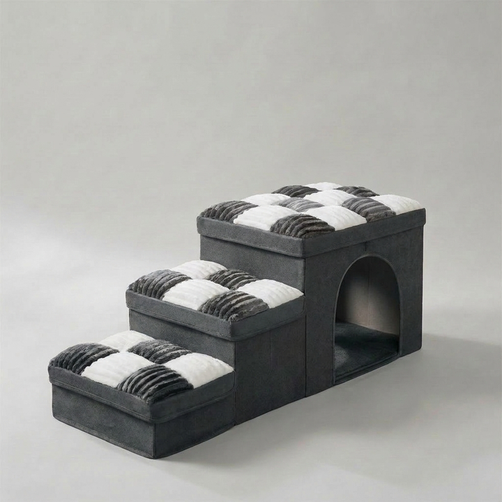 Stylish pet steps with hidden storage & cozy dog condo. Chessboard design dog stairs offer joint support for pets.