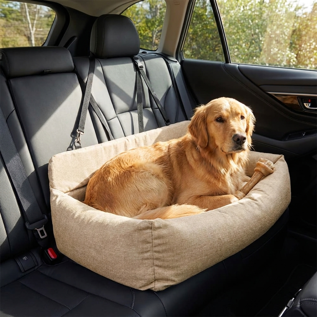 Plush dog car backseat bed for safe travel. Washable & comfortable, perfect for medium to large dogs.