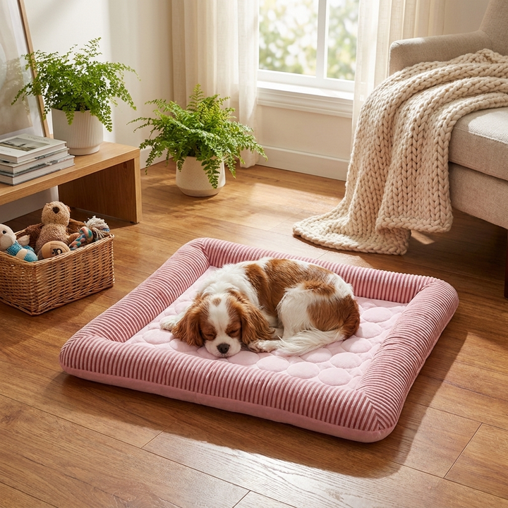 Large dog cooling bed providing summer comfort. Washable, breathable pet mat with non-slip base for big breeds.