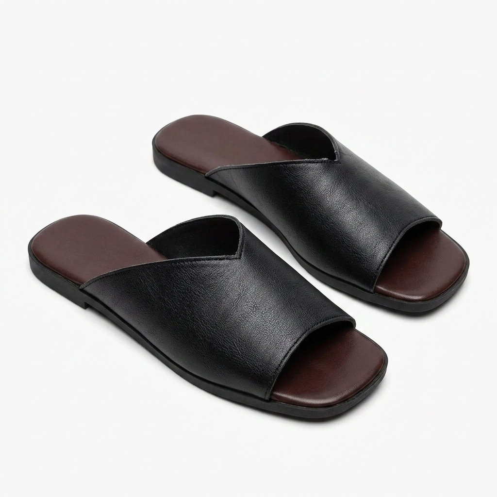 Side profile of a woman's comfy open-toe flat, designed for easy wear and summer style.