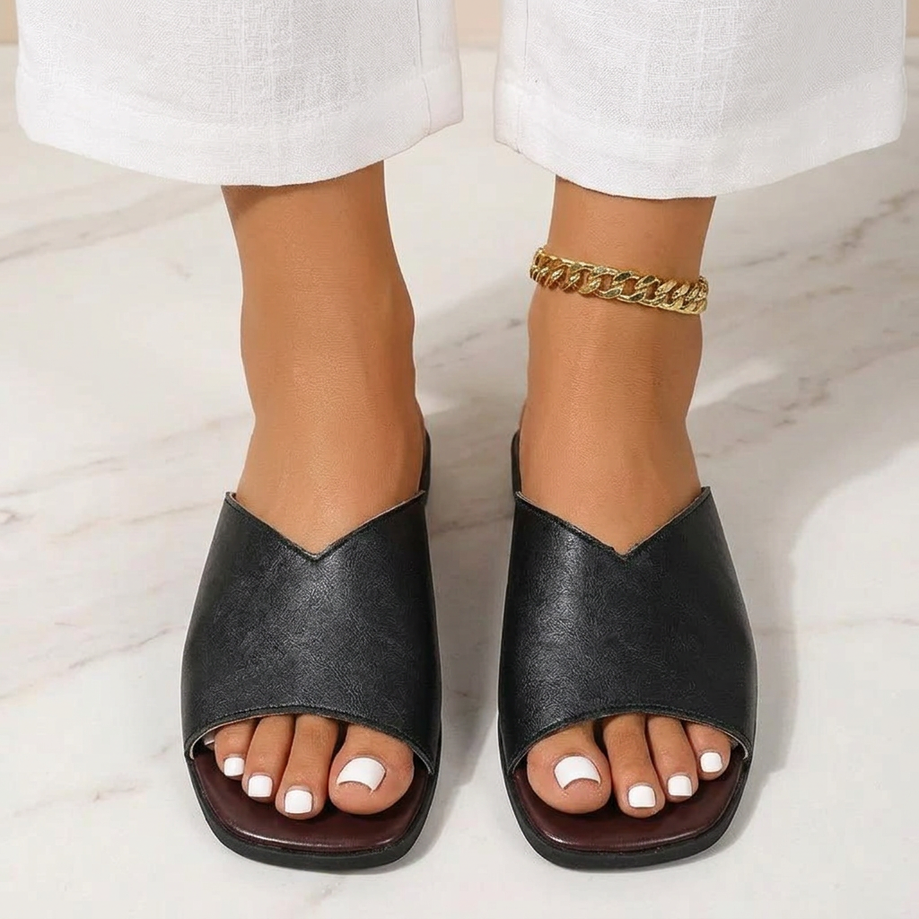 Stylish lightweight open-toe flats, a must-have for warm weather and spring fashion.